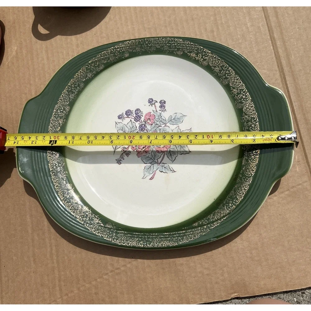 Vintage Green Gold Floral Oval Serving Platter Tray with Handles Berries Flowers